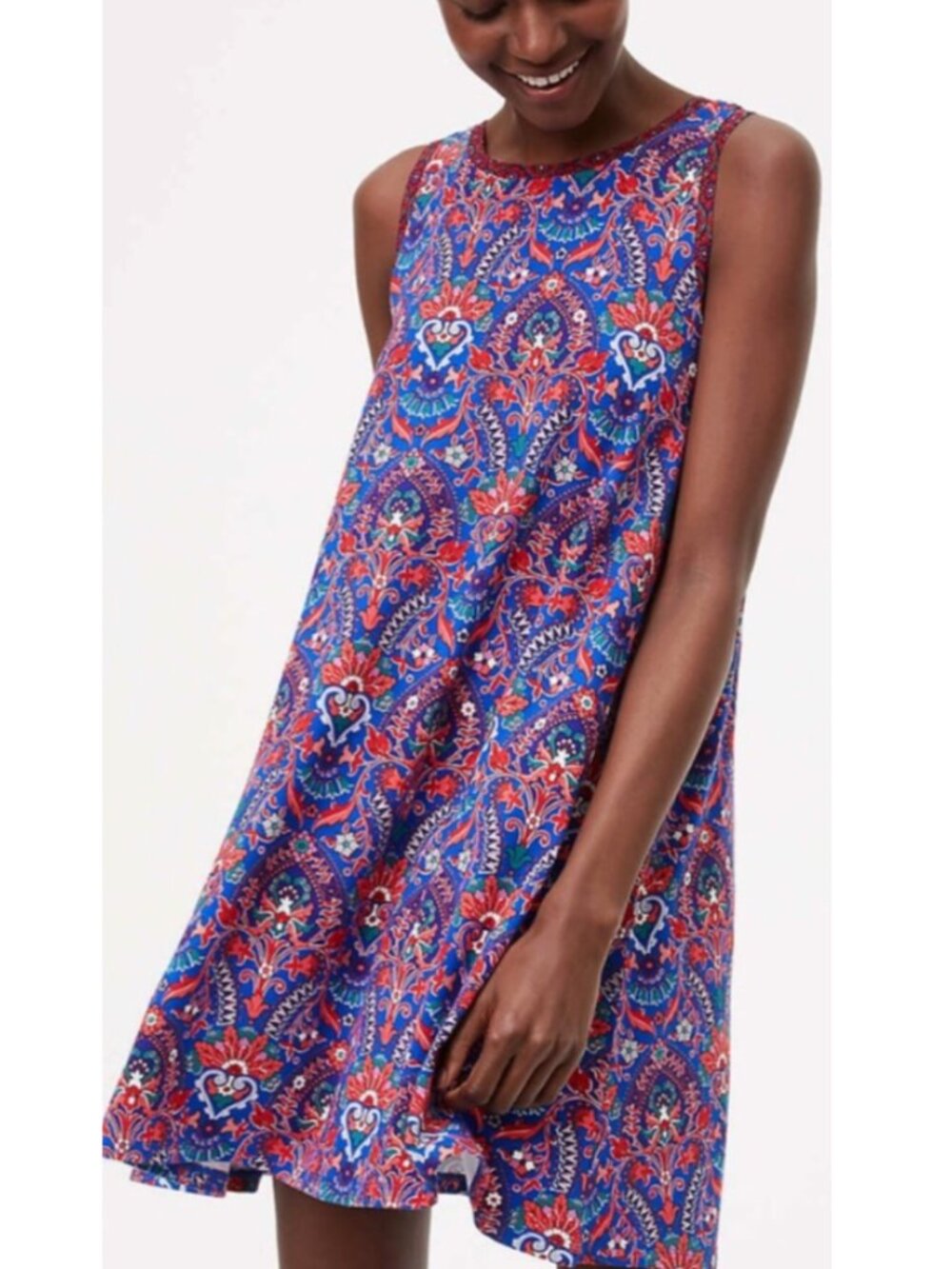 ANN TAYLOR LOFT Floral Mosaic Sleeveless Swing Dress Blue Red Geo Boho Summer XS